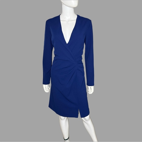 Maggy London Beacon Blue Drape Long Sleeve Scuba Crepe Faux Wrap Dress - Picture 1 of 5